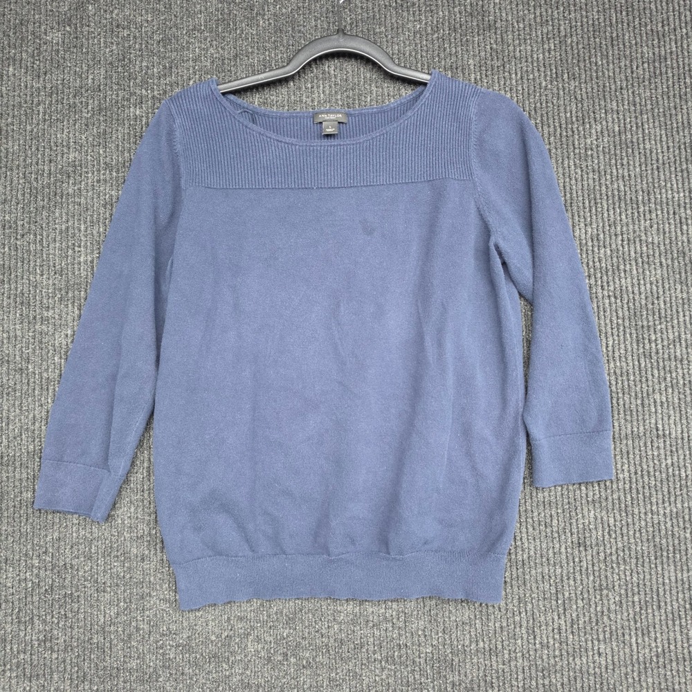 Ann Taylor Factory Womens Blue Boat Neck Ribbed Yoke 3/4 Sleeve Sweater Large
